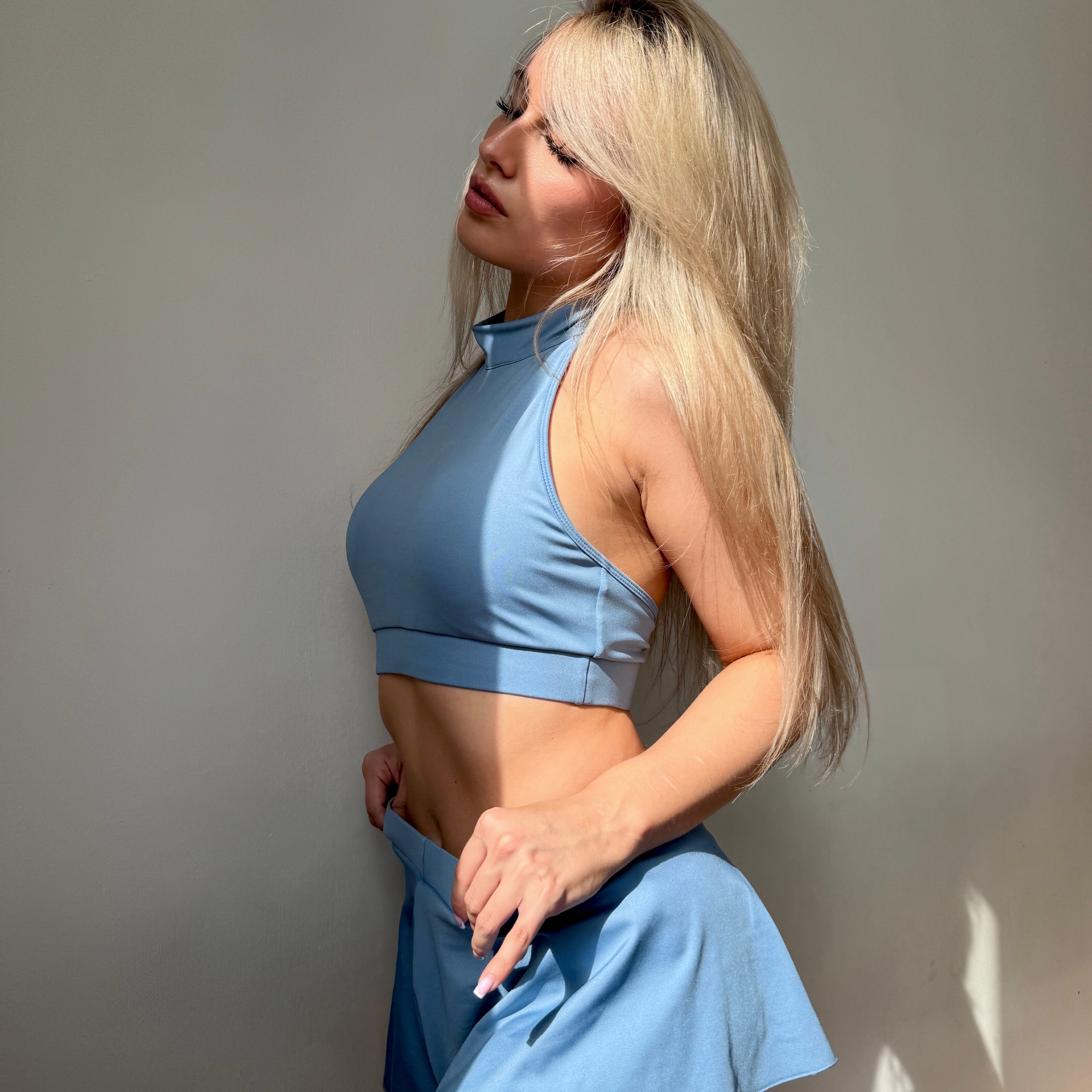 Poledance Model in pastel ash blue Wings Skirt Skort Set with halter top