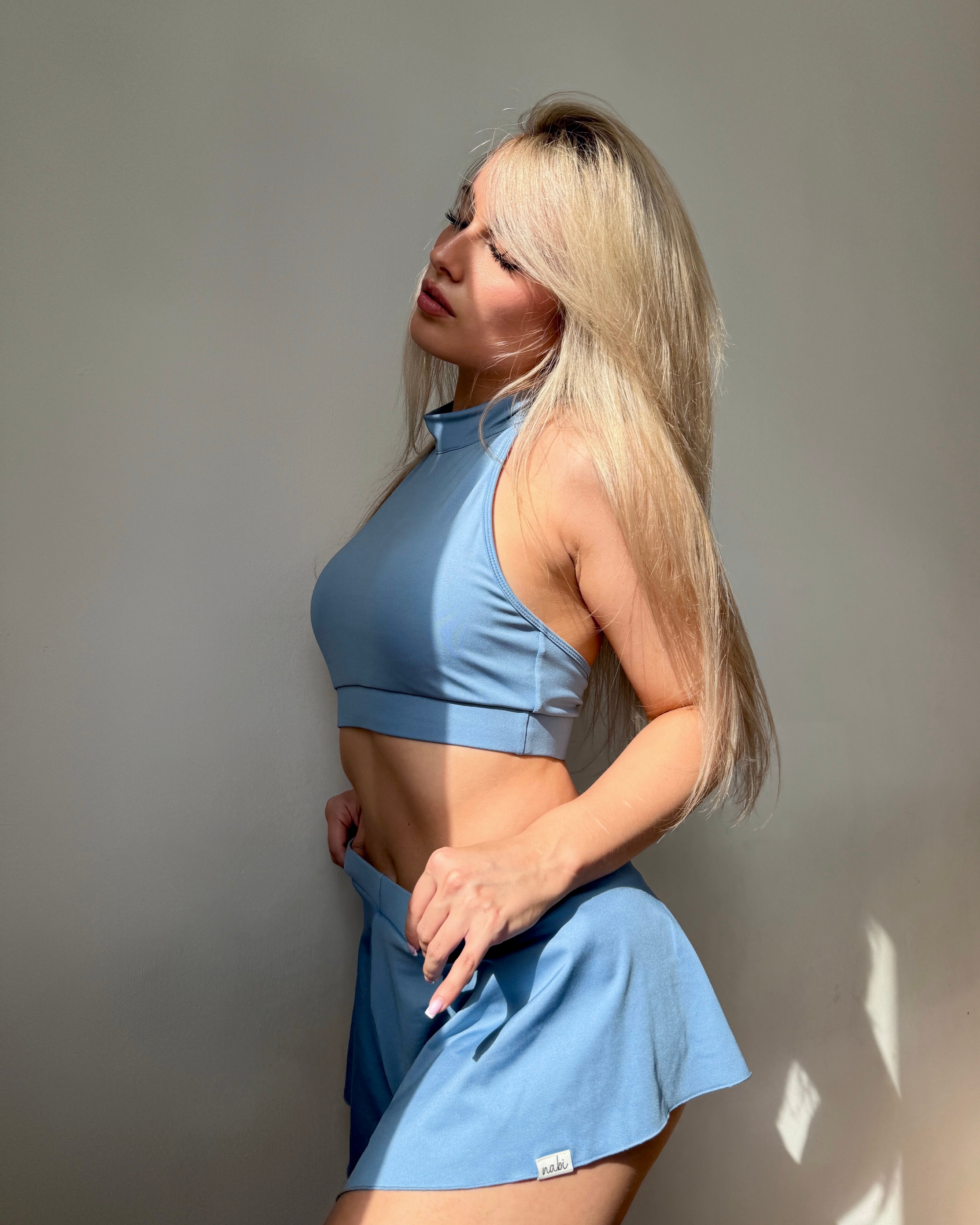 Poledance Model in pastel ash blue Wings Skirt Skort Set with halter top