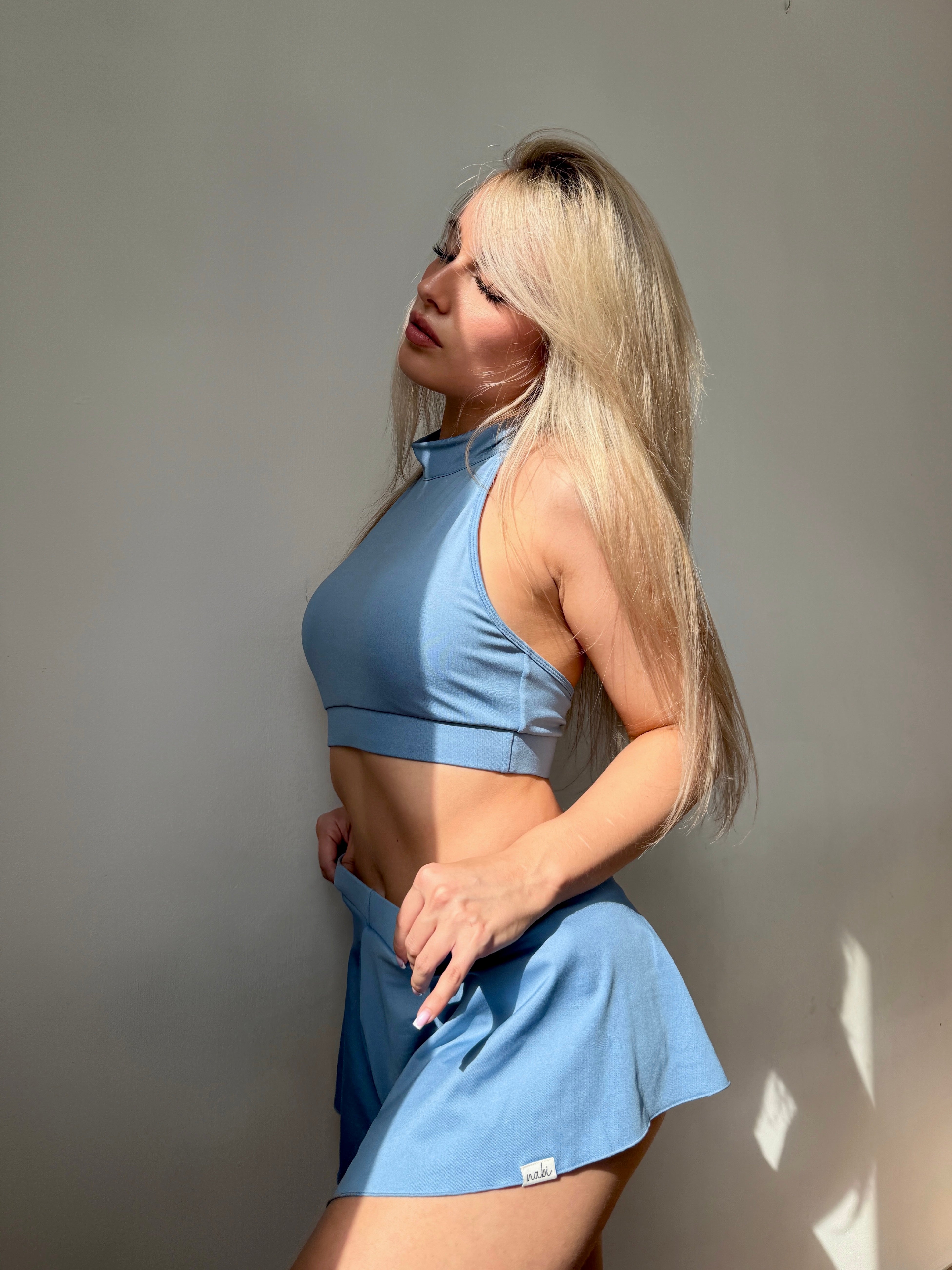Poledance Model in pastel ash blue Wings Skirt Skort Set with halter top