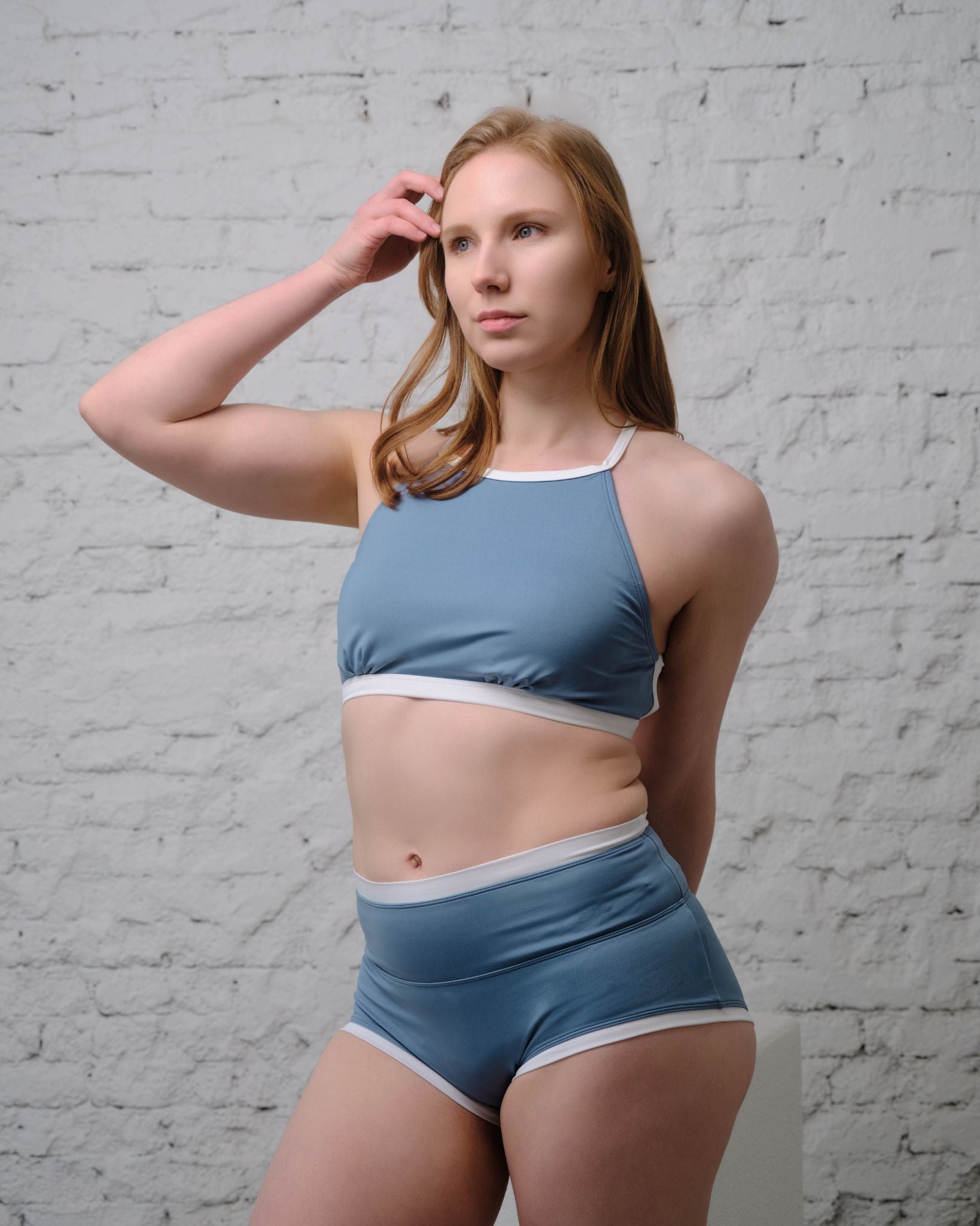 Ash Blue Haru Daily Set – high waist sustainable polewear with pastel tones and full coverage for dancers and beginners