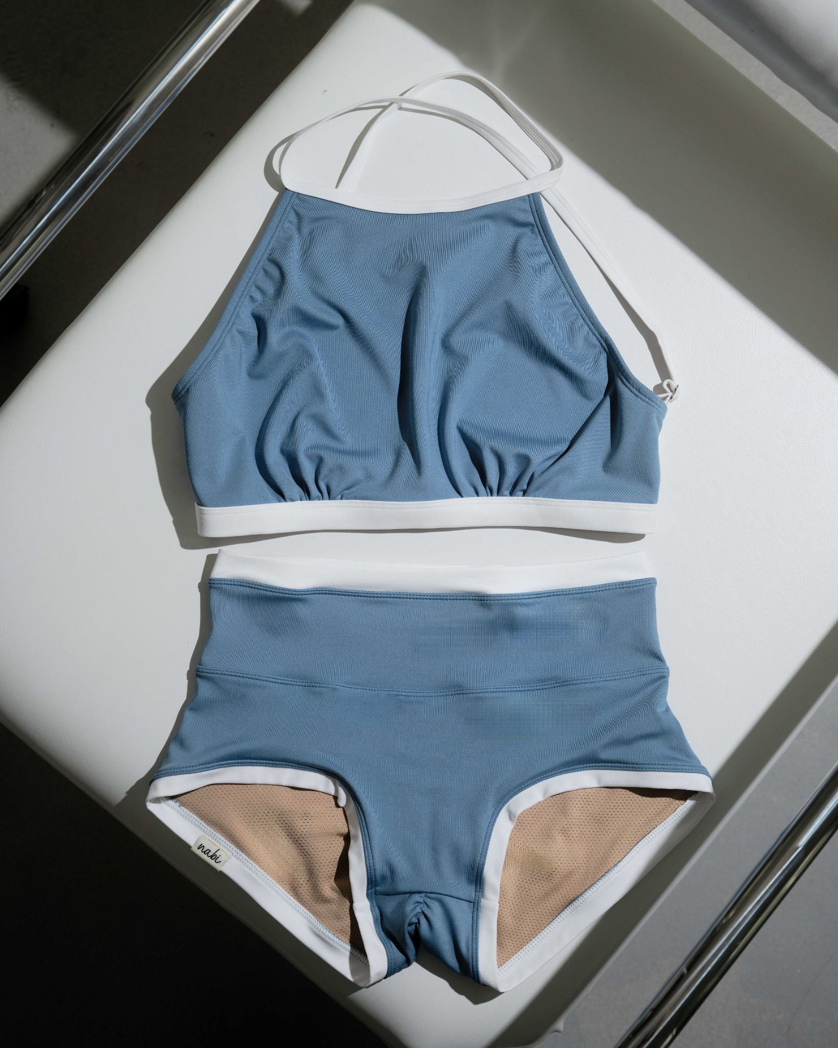 Ash Blue Haru Daily Set – high waist sustainable polewear with pastel tones and full coverage for dancers and beginners