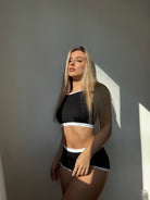 Haru Daily Set polewear by Nabi in black, open back top and shorts designed for pole dancing and fitness