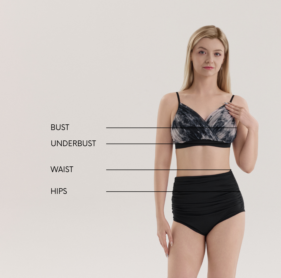 Size chart for Nabi Polewear Cloud Set – elegant pole dance outfit with triangle top and high-waisted shorts. Available in black and wine. Sustainable polewear made from recycled fabric.
