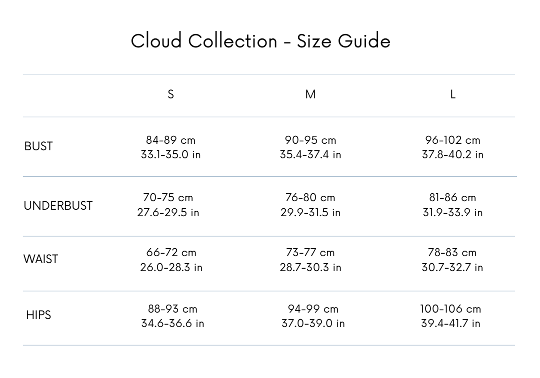 Size chart for Nabi Cloud Set – available in black and wine