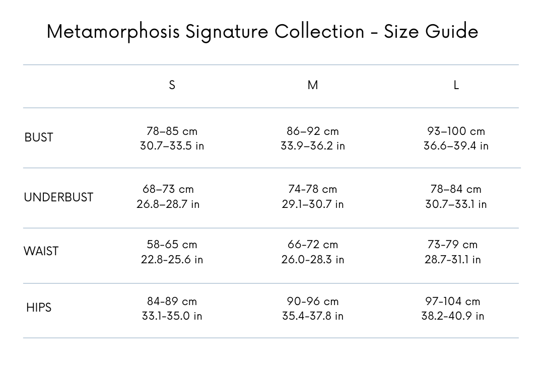 Size chart for Nabi Signature Set polewear – available in black and white