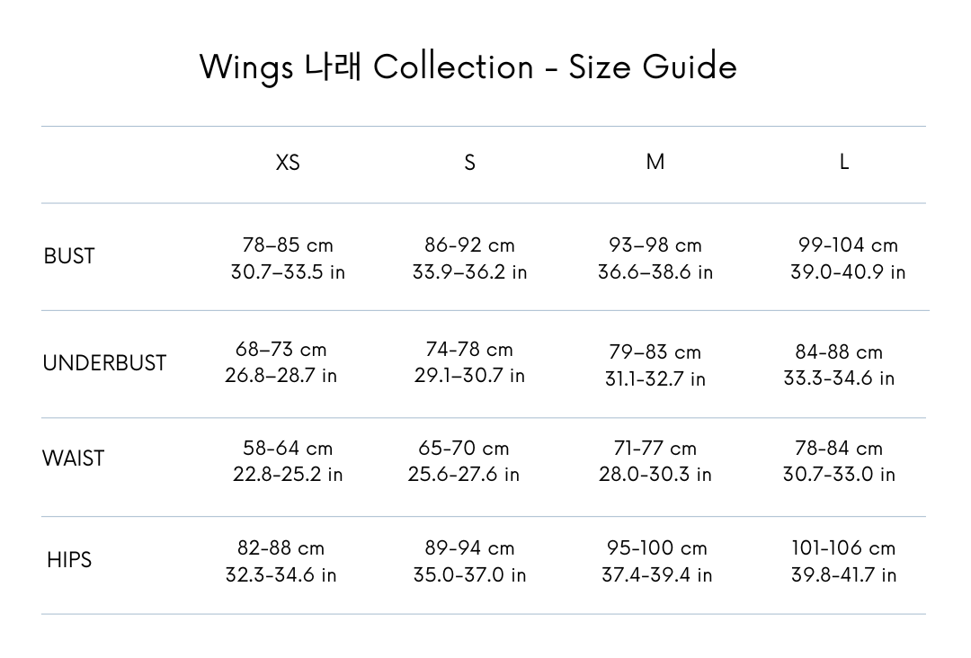 Size chart for Nabi Wings Skirt Skort Set – available in lavender, mint and pastel ash blue